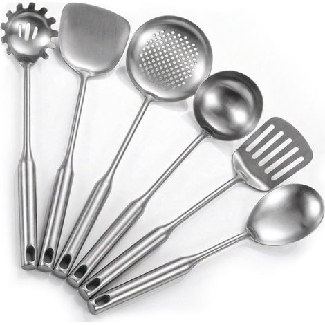 Ensemble d'ustensiles de cuisine - Batterie de cuisine 6 pièces en acier inoxydable - Ustensiles sans soudure avec anneau de suspension - Comprend une spatule et une louche - Argent/Gris (1/5)