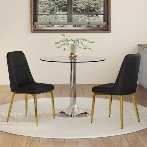 DESMIU Table de salle à manger avec 2 chaises, plateau en verre, base métal, dossier PU, pour cuisine et salon (1/5)