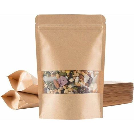 100 Kraftpapiertüten mit Sichtfenster (14 x 20 cm), lebensmittelecht, FDA-zertifiziert, materialsicher, zum Verpacken von Saatgut und Snacks - Crezuo