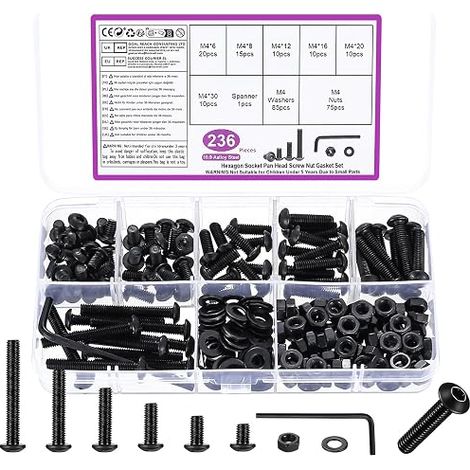 236 Pcs M4 Vis et écrous, M4 Vis Boulons et écrous, Vis et Boulon et Rondelles Set, Vis à Tête Hexagonale Ronde Assortiment Kit, Visserie Boulons Vis à Six Pans Creux à Tête pour Réparation, Noirs (1/5)
