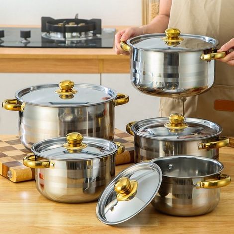 Coffret de 10 ustensiles de cuisine en acier inoxydable à poignées argentées, casseroles à deux anses 18-26cm, compatible induction, durable pour famille