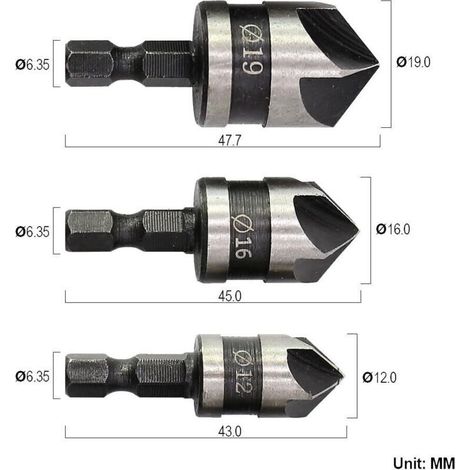 3pcs 1/4" Hex HCS Fraise à Chanfreiner 5 Flûte Foret Embouts pour phanfreiner Évier à Fraise Conique 12mm/16mm/19mm Pour Bois Métal (1/3)