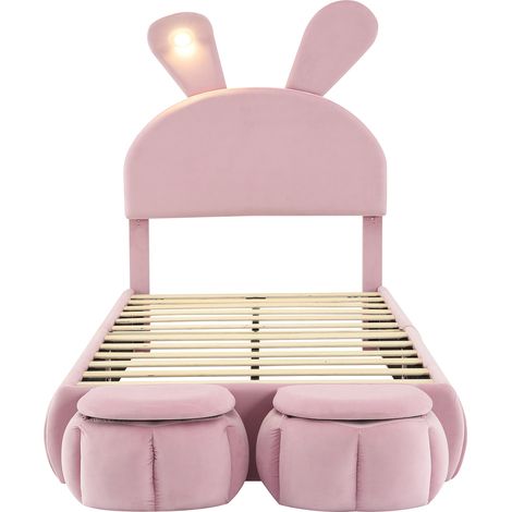 Polsterbett Einzelbett mit Hasenohren, warmfarbiger LED-Lichtstreifen mit einstellbarer Helligkeit, inklusive 2 Aufbewahrungshockern, Samt Rosa, 90 x 200 cm