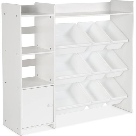 Meuble de rangement enfant. blanc. 9 bacs de rangement. 4 étagères. 1 porte