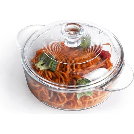 Rond Plat à Rôtir de Verre Thermorésistant, Cocotte avec Couvercle en Verre, Plat à gratin en verre Casserole en verre pour four, congélateur et lave-vaisselle (1L) (1/5)