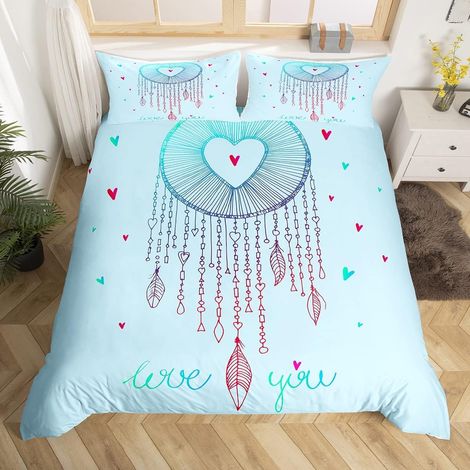 Parure de lit Attrapeur de rêves Bleue Parure de lit Fille Amour Attrape Rêve Ados et Adultes Enfants Cœur Plumes Housse de Couette Taie d'Oreiller 65x65 + Housse de Couette 220x240 cm Microfibre - 22 (1/5)