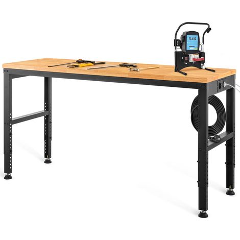 Banc de travail réglable en hauteur, 183 x 64 cm, hauteur 72-97 cm, capacité 900 kg, avec prises électriques, plateau en bois dur, cadre métallique, pieds antidérapants, pour atelier, bureau, maison. (1/5)