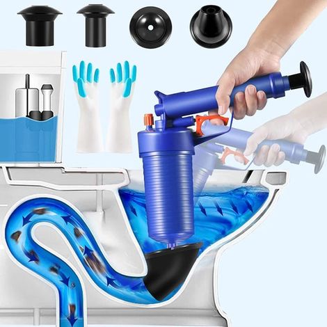 Déboucheur de toilettes, déboucheur de canalisations avec 4 ventouses de tailles différentes, pneumatique haute pression.
