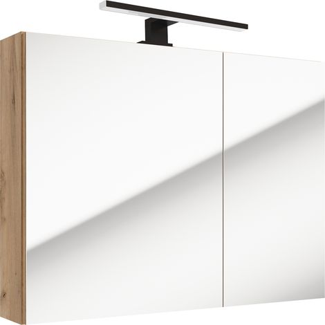 Badmöbel Spiegelschrank 80 cm mit LED Aufbauleuchte LUCCA-107 in Eiche Nb., B/H/T: ca. 80/65/15 cm (1/3)