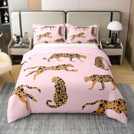 Léopard Parure de Lit Wildlife Housse de Couette 140x200cm 100% Coton Rose Brun Léopard Ensemble de Literie pour Enfants Filles Literie Set avec Fermeture à glissière - 140 x 200 cm + 1 taie d'oreille (1/5)