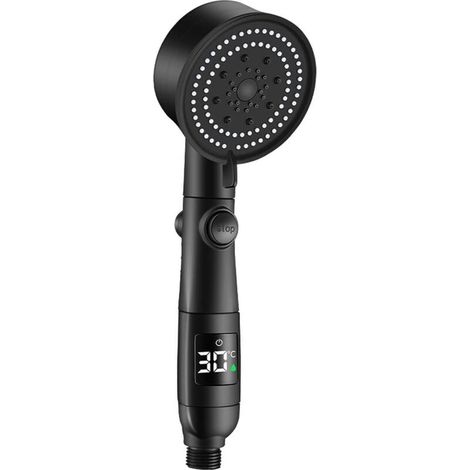 Pommeau de douche LED haute pression avec affichage numérique température, 5 modes jet, compatible standard, noir (1/4)
