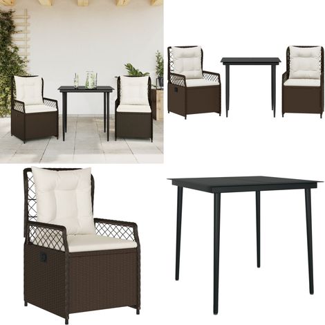 Ensemble à manger de jardin 3 pcs et coussins marron poly rotin - Chaise de jardin - Table de jardin (1/5)