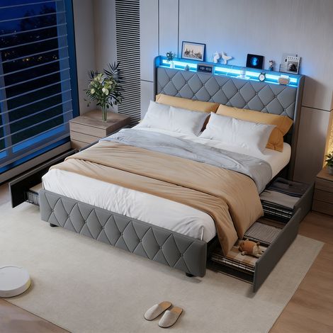 Lit 140x200 avec tiroirs, lit 140x200, lit adulte, lit double, lit rembourré, tête de lit avec lumières LED, port de chargement, velours, gris (1/5)