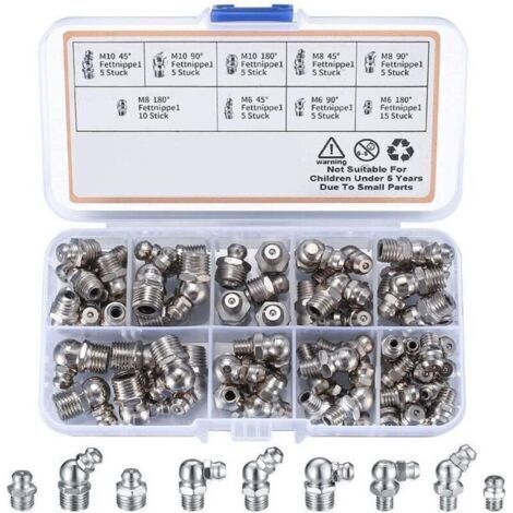 60 Pièces graisseur a Visser, Assortiment Graisseur M6 M8 M10, Droit Graisse Raccord 45° 90° 180°, avec Boîte en Plastique, pour Équipement Mécanique, Embout de Graissage Fixations (1/4)