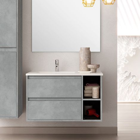 Meuble sous vasque seul, 2 tiroirs et 2 niches, 80cm, pour vasque déportée à gauche - ciment (gris) - OLYMPE