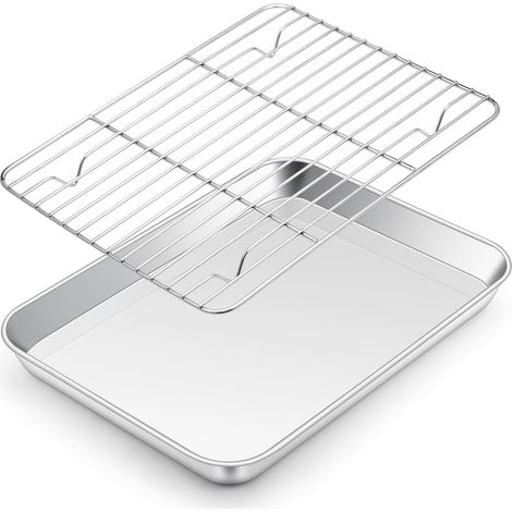 Petite plaque de cuisson, rectangulaire, avec grille de refroidissement, 26,4 x 20,4 x 2,5 cm, passe au lave-vaisselle et durable (1/5)