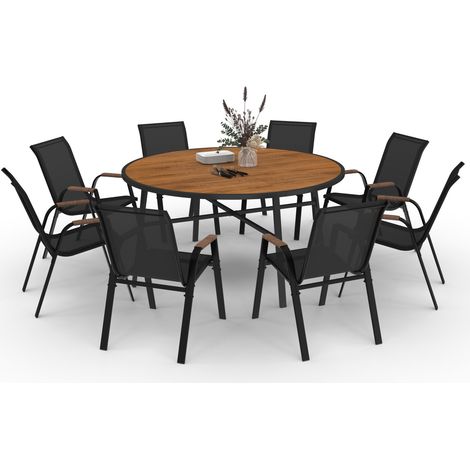 Salon de jardin NOUMEA table ronde 150 cm plateau verre trempé effet bois et 8 chaises empilables noir et bois
