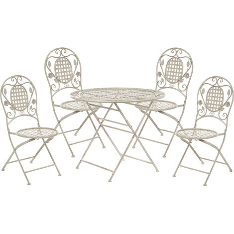 Conjunto de comedor de jardín blanco crema mesa de metal 4 sillas plegable envejecido Bivio (1/5)
