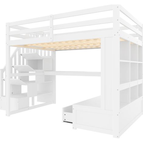 Hochbett 140 x 200 cm weiß mit Schreibtisch, Regalen, 2 Schubladen und Stauraumtreppe (1/5)