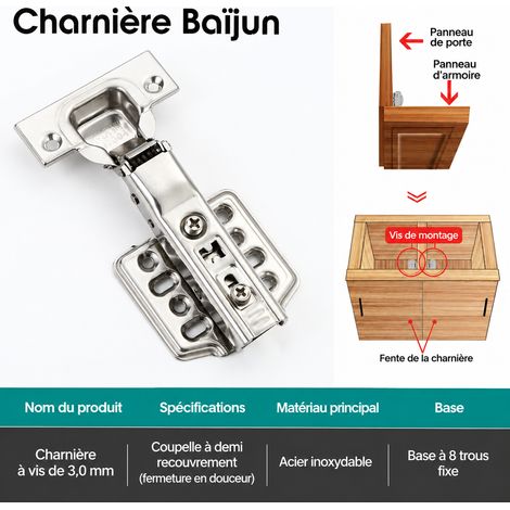 Charnière de meuble en inox 304 fixe 13 bras semi-recouvrante avec amortisseur et vis 3.0 13 réf 8620 – Livraison gratuite