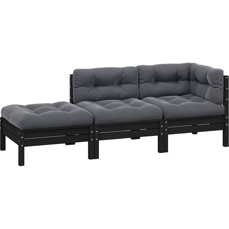 Muebles de jardín 3 pzas con cojines negro madera maciza pino (1/5)