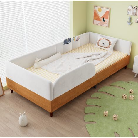 Letto bambino 90x200 cm con 2 tasche portaoggetti e sponda di sicurezza, in velluto, bianco, senza materasso (1/5)