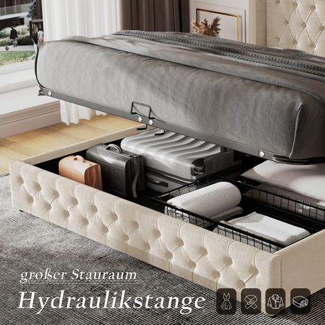 Lit tapissé forme oreille, double rangée de clous, velours matelassé à boutons, tête et pied de lit, lit double 140x200 cm avec coffre hydraulique, dessous en feutrine noire antitaches, beige. (1/5)