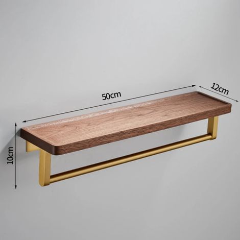 Étagère de rangement en bois de noyer (concave avec barre 50) pour salle de bain, miroir mural, étagère de rangement monobloc sans perçage pour serviettes, étagère de rangement quotidienne. (1/5)