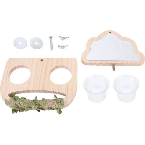 BelleRise - Support miroir bois Bol alimentation + miroir interactif – cage oiseaux – 17x13 cm (1/5)