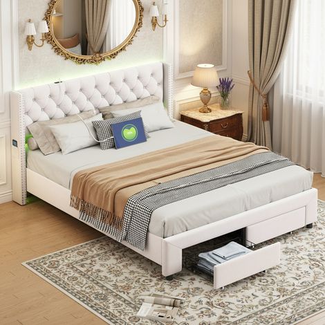 Lit capitonné 140x190, Lit adulte velours avec 2 tiroirs et éclairage LED, tête de lit avec port USB, sommier à lattes en bois massif - Beige (1/5)