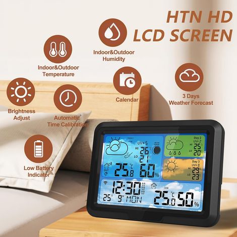 Wi-Fi-Wetterstation mit 5,3-Zoll-Funkthermometer und Sensor für den Innen- und Außenbereich, kompatibel mit der Tuya-App und 3-Tage-Wettervorhersage.