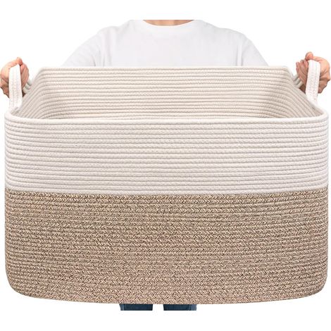 Panier à linge rectangulaire - 85 l - Panier de rangement pour jouets de bébé - Panier de rangement pour couvertures, coussins, serviettes d'invités - Blanc et marron (1/5)