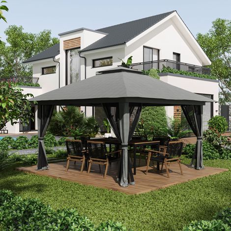 Tonnelle pliante 392x392x283 cm en fer gris foncé, toit ventilé, pour jardin stable – MEUBLIV (1/5)