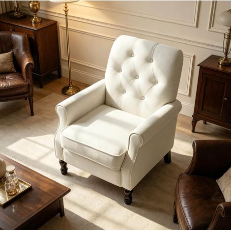 Fauteuil de salon rembourré en tissu de lin, dossier capitonné et pieds en bois, crème (1/5)