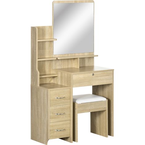 Ensemble coiffeuse table maquillage avec grand miroir, tabouret rembourré, étagères ouvertes et 4 tiroirs – bois naturel