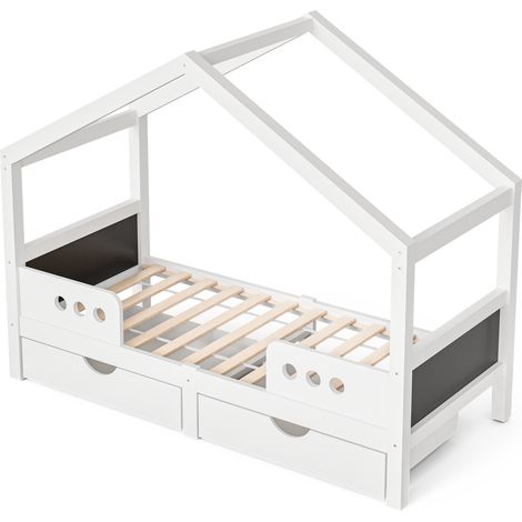 Lit Cabane Lit Simple avec 2 Tiroirs et Tableau, 90 x 200 cm, sans Matelas, en Bois, Blanc (1/4)