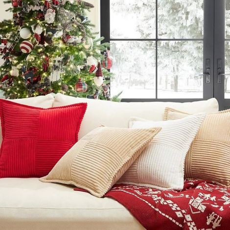 Housse Coussin Noel 40x40 Motif à Rayures Croisés en Velours Côtelé Super Doux Taie Rouge 40 x 40 cm (Lot de 2) (1/4)