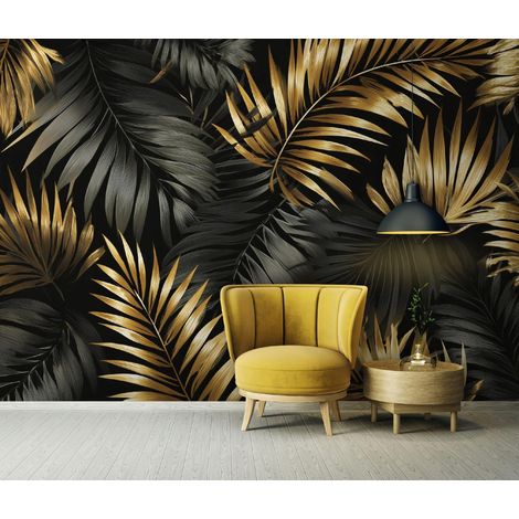 Fototapete Blätter Gold Schwarz Glamour, für Wohnzimmer und Schlafzimmer, 250 x 175 cm – Komplettset inkl. Kleister & Anleitung (1/5)