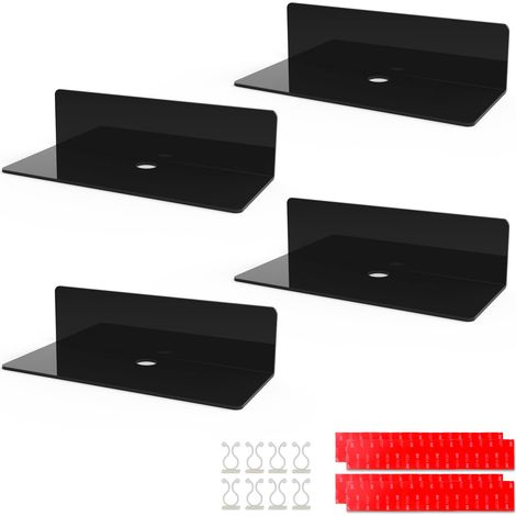 4PCS Étagère Murale Flottante en Acrylique, 23 9.5cm, Etagere Adhésive sans Percer avec 8 Clips Câble, Petite Étagère pour Bureau, Salle de Bain, Cuisine, Chambre à Coucher, Noir (1/5)