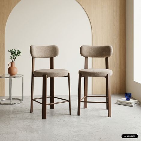 Lot de 2 tabourets de bar vintage acier effet bois foncé et tissu texturé - Gloria Bois foncé / Taupe (1/5)