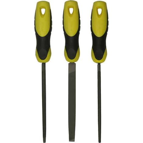 Stanley – Jeu de 3 limes bâtardes 150mm – Acier au carbone pour affûtage permanent – Design ergonomique antidérapant – Poignée bimatière
