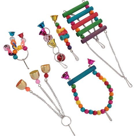 Ensemble de jouets pour oiseaux : perchoirs à mâcher et à grimper colorés avec clochettes, pour perruches, calopsittes et inséparables. (1/5)
