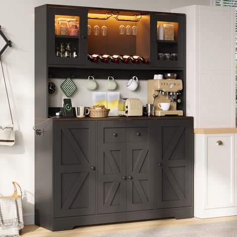Buffet Haut de Cuisine 140x40x173 cm avec LED RGB via Appli, 2 Prises et 2 USB, Porte-Verres, Range-Bouteilles, Portes en Acrylique, MDF - Blanc (1/5)