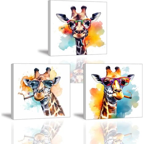 3X Impression sur Toile Girafe Mignonne Toile Décorative Pour Salon Déco d'art Murale Tableau Décoration Moderne Animal Image sur toile Encadré Pour les chambres garçons et filles 30x30cm (1/5)
