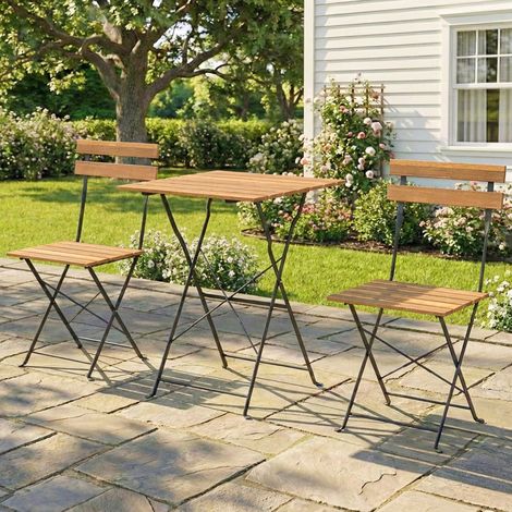 Ensemble de Salon de Jardin Bistrot 3 Pièces. 2 Chaises Pliantes. Table Carrée en Bois d'Acacia. 55x55x71cm. Naturel