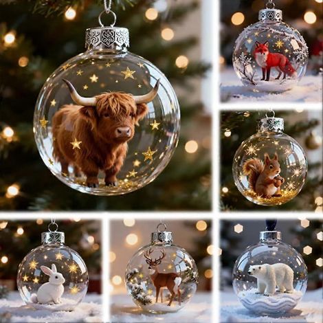 Ensemble de 6 décorations amusantes représentant des vaches des Highlands (collection 2025), boules de Noël transparentes, décoration à suspendre au sapin, collection Merveilles de la faune sauvage 20 (1/5)