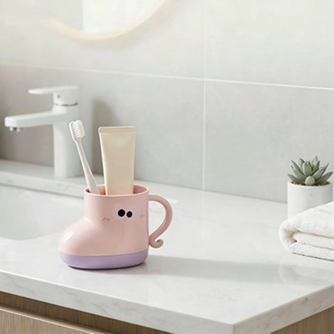 Zahnbürstenhalter für Kinder wiederverwendbarer tropffreier Badezimmerbecher mit Griff niedlicher Mundspülbecher mit Cartoon-Motiv rosa