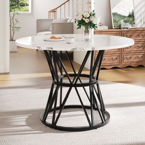 Mesa de comedor redonda 100/100/76 cm negra con efecto mármol y estructura metálica (1/5)