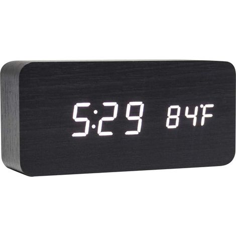 Réveil numérique en bois - Horloge LED multifonction avec affichage heure/date/température et commande vocale - Noir et blanc (1/5)