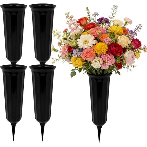 Lot de 4 vases funéraires avec pointes - Support de fleurs en plastique pour tombe - Décoration pour cimetière (1/5)